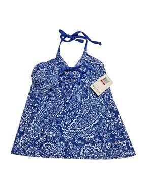 Nautica Lace Up Tankini Swim Top Size XS Blue White Floral Pattern Padded Swim